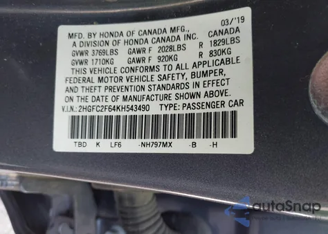 2019 Honda Civic Lx из США, поврежденный, VIN 2HGFC2F64KH543490